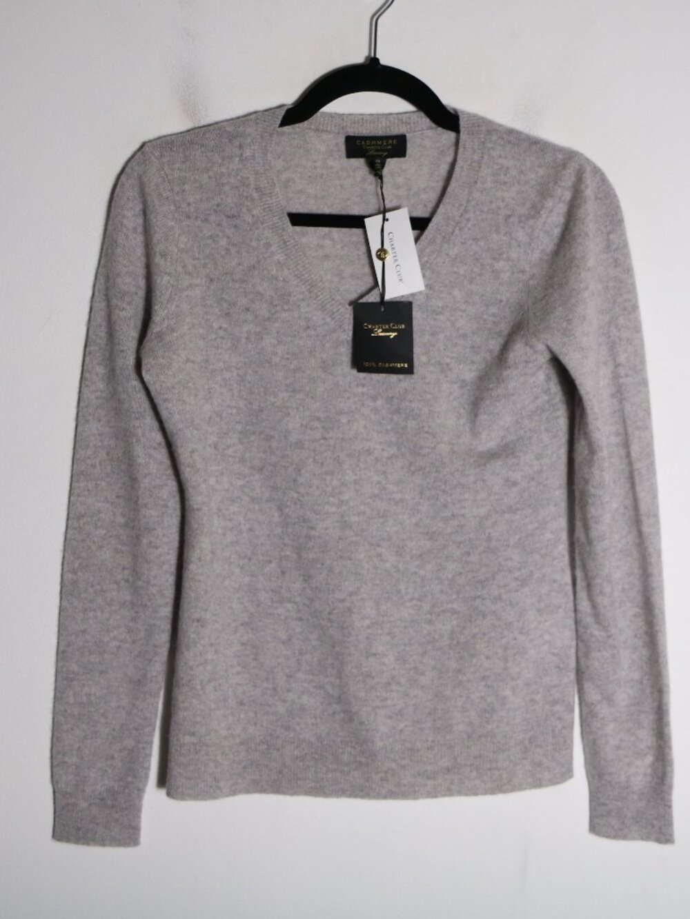 Charter Club 100% Cashmere V Neck Sweater Women XS Gray Classic Neutral Pullover